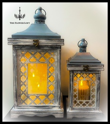 Grey-Wash Wood Lantern w/ Candles From The Flower Loft, your florist in Wilmington, IL