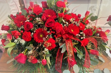 Red Sympathy Casket Spray From The Flower Loft, your florist in Wilmington, IL